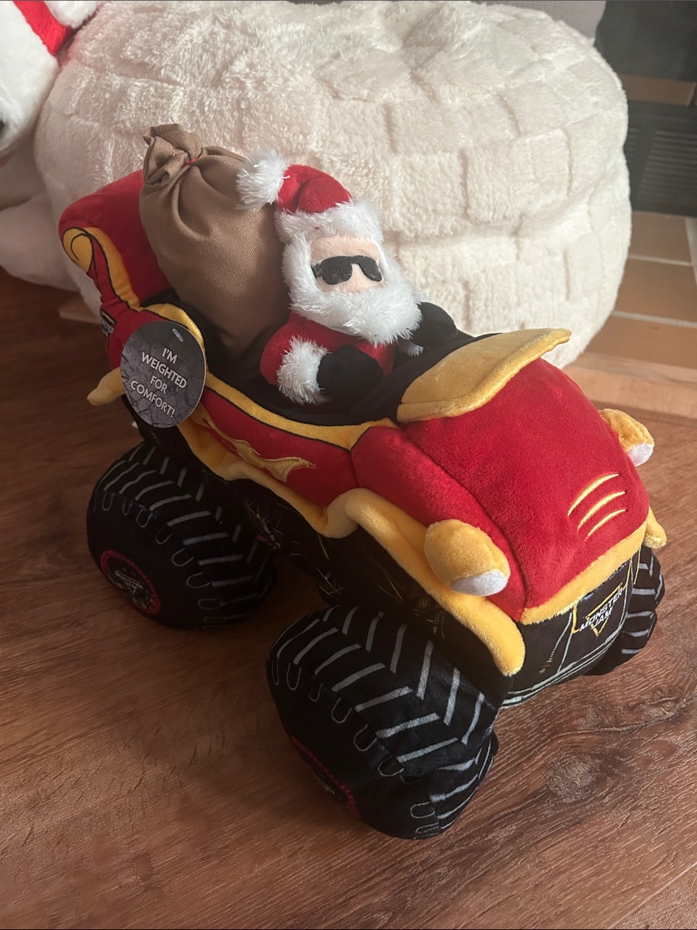 Red Plush Monster Jam Truck with Santa Stuffed Toy